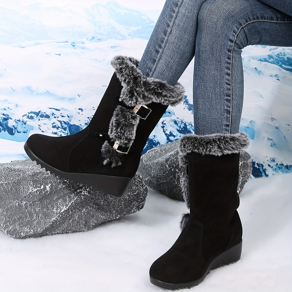 Mid Heel Wedge Boots for Women - Flannel Lined, Buckle Strap, Round Toe, Rubber Sole, Pull-On Closure, Perfect for Winter and Comfort Occasions