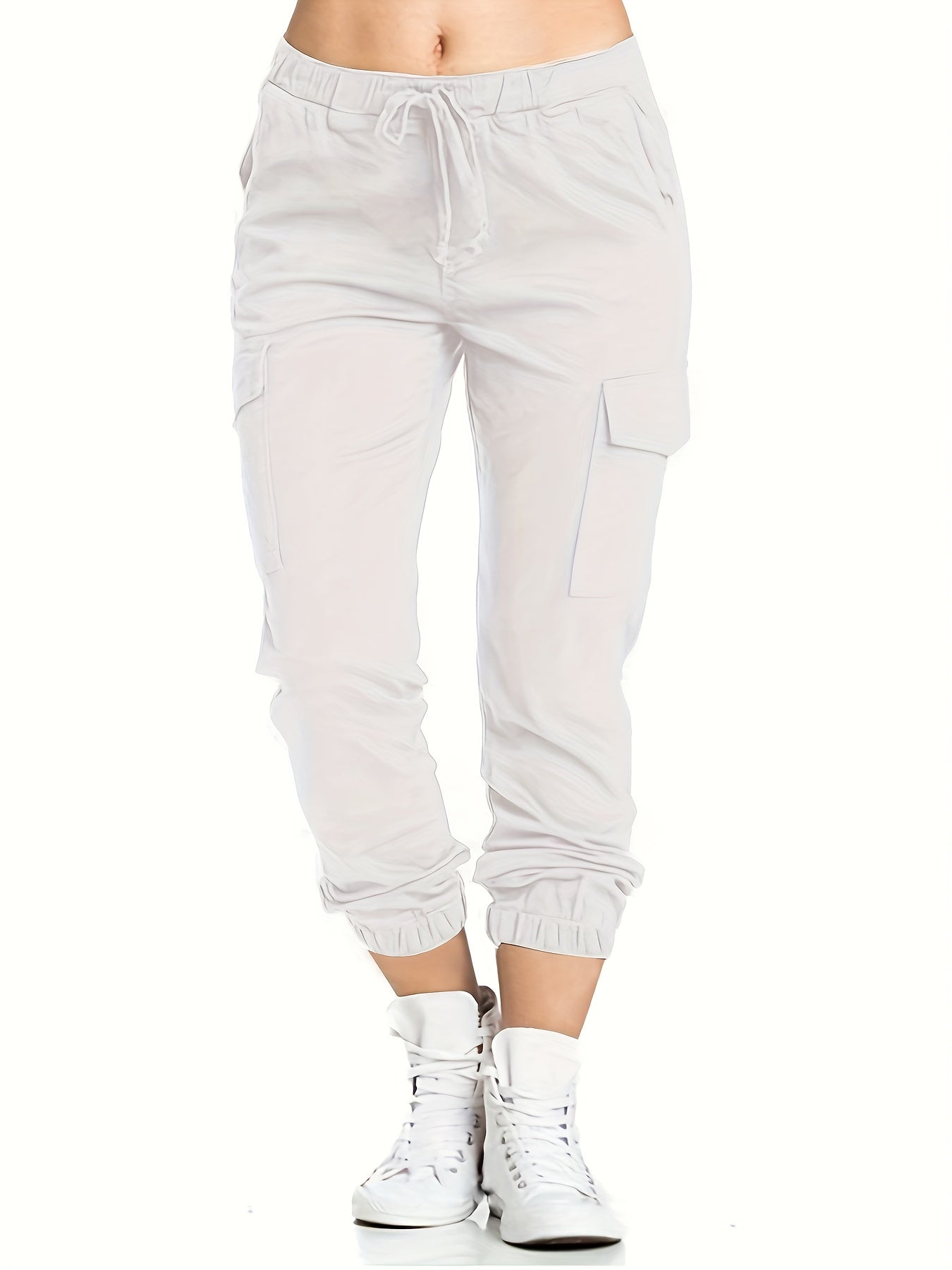 Plus Size Casual Pants, Women's Plus Solid Elastic Drawstring Flap Pockets Tapered Leg Cargo Pants