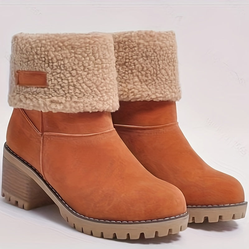 Women's Solid Color Chunky Heel Boots, Casual Slip On Plush Lined Boots, Comfortable Winter Ankle Boots