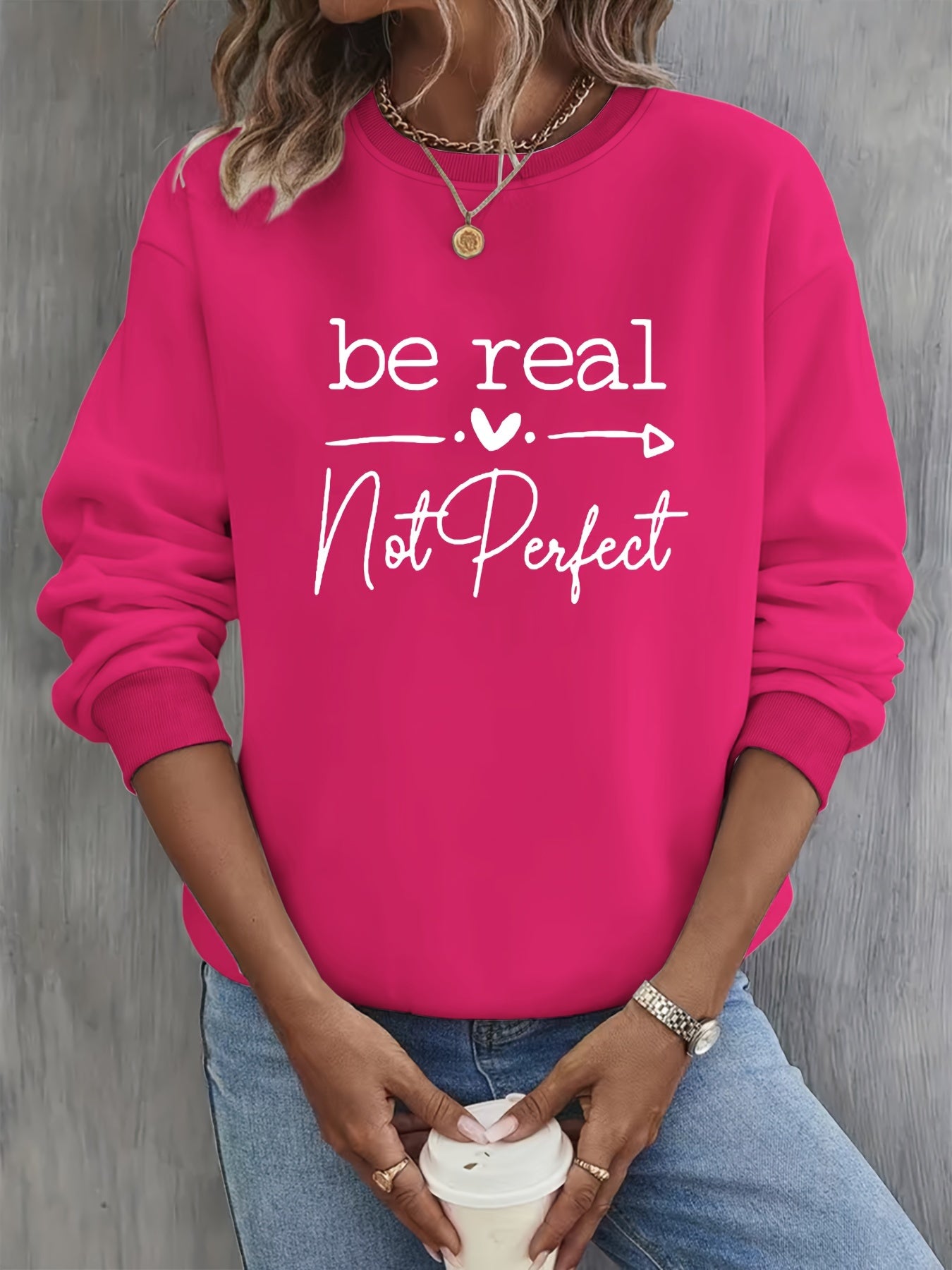 Slogan & Heart Print Pullover Sweatshirt, Casual Long Sleeve Crew Neck Sweatshirt, Women's Clothing