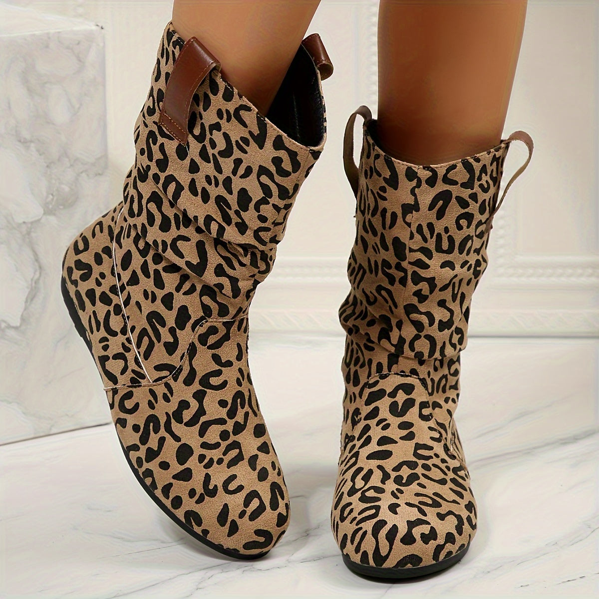 Women's Slouchy Mid Calf Boots, Comfy V-cut Pull On Plush Lined Warm Flat Shoes, Winter Thermal Boots