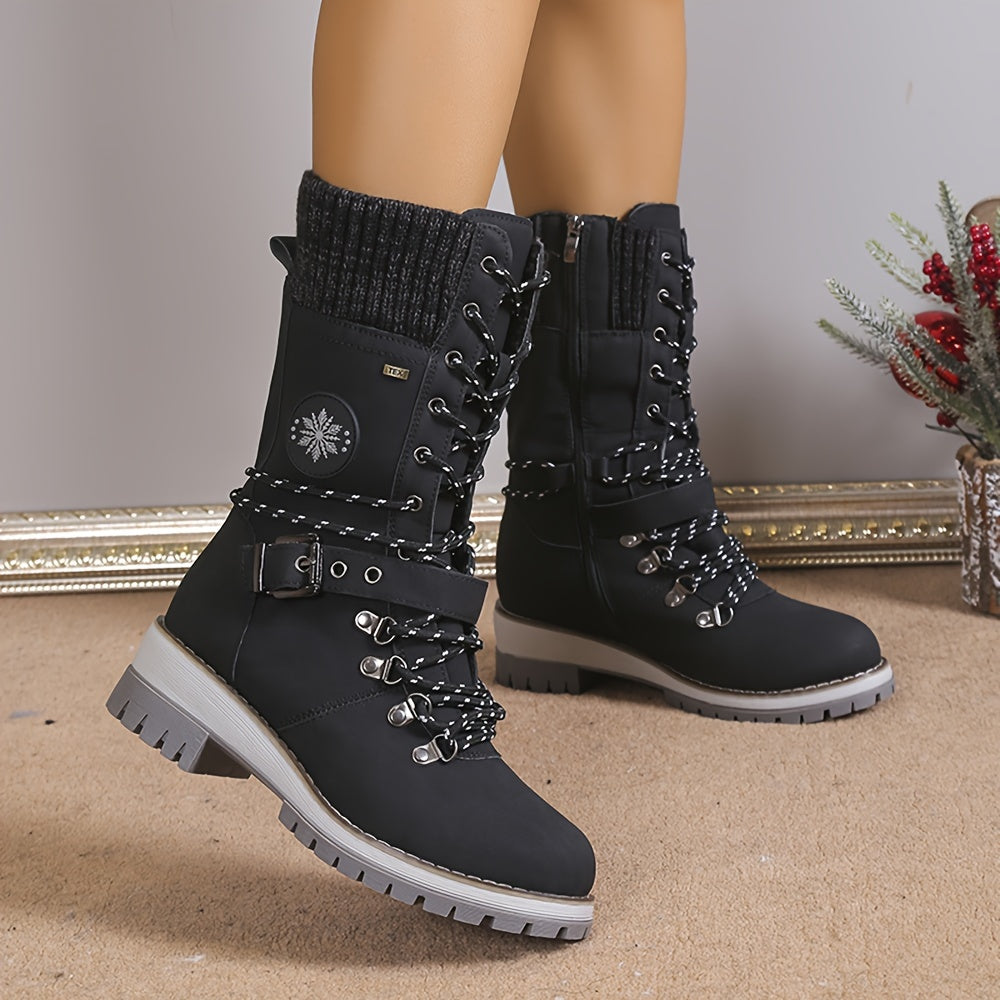 Mid Calf Thermal Women's Fashion Boots, Knitted Lace Up with Side Zipper, All-Match Outdoor