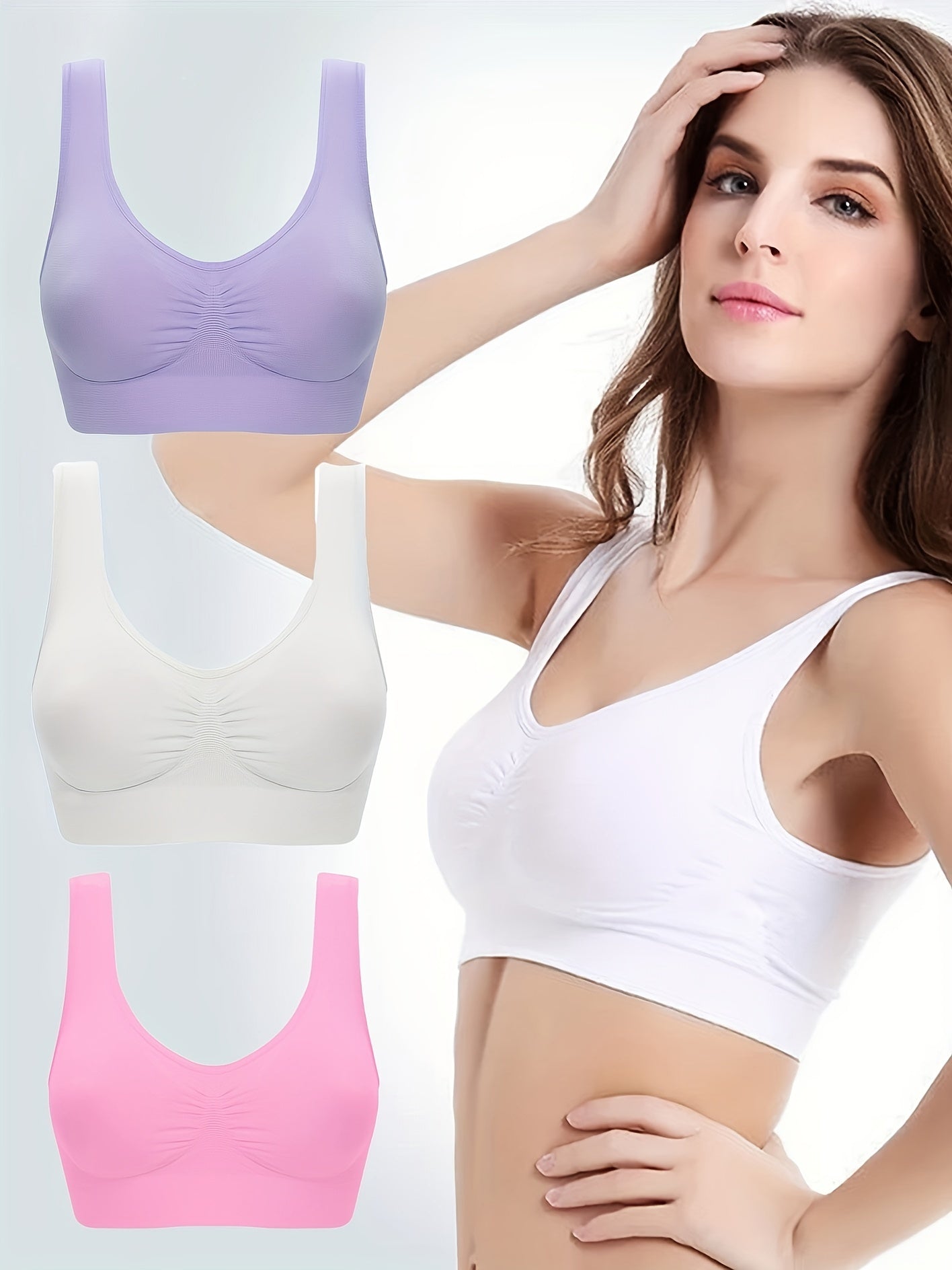 3pcs Wireless Sports Bras, Comfy & Breathable Running Workout Tank Bra, Women's Lingerie & Underwear