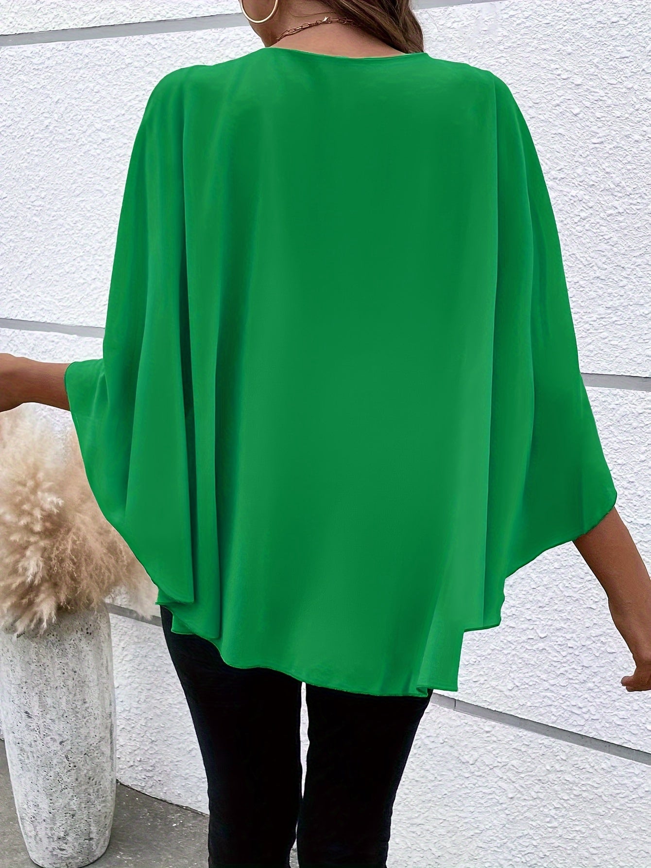 Solid Layered Cloak Sleeve Blouse, Versatile Crew Neck Blouse For Spring & Fall, Women's Clothing