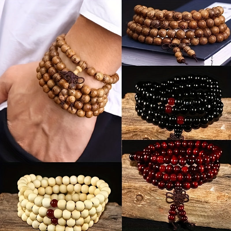 1/2pcs 108 Beads 8mm/0.31'' Sandalwood Buddhist Wood Prayer Beaded Knot Black Ebony Bracelets Bangles For Men, Father's Day Gift