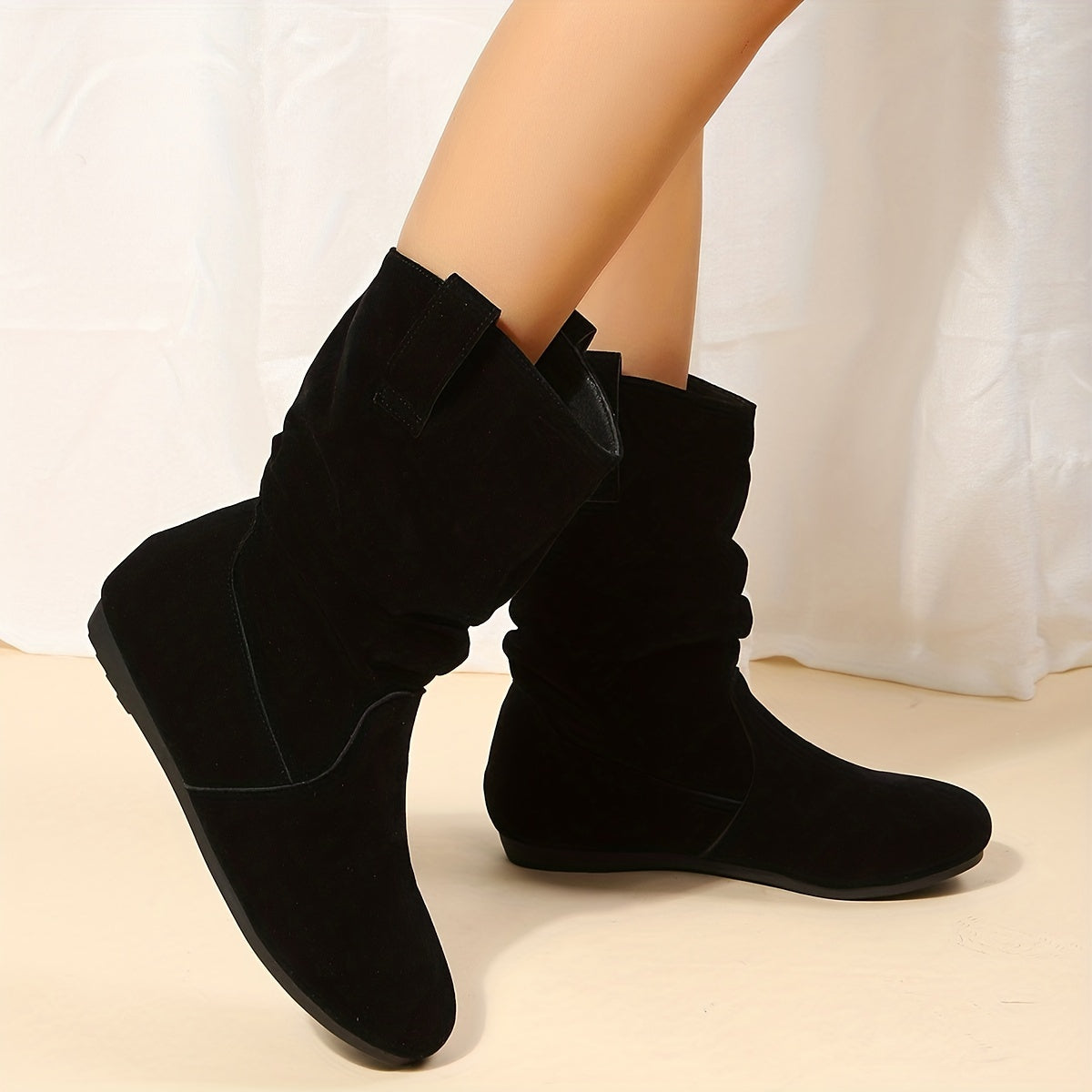 Women's Slouchy Mid Calf Boots, Comfy V-cut Pull On Plush Lined Warm Flat Shoes, Winter Thermal Boots