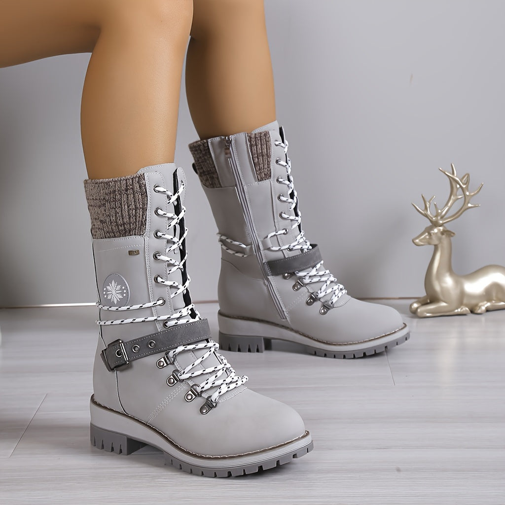 Mid Calf Thermal Women's Fashion Boots, Knitted Lace Up with Side Zipper, All-Match Outdoor