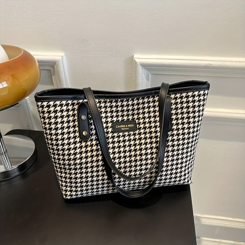 Vintage Houndstooth Print Tote Bag, Retro Large Capacity Shoulder Bag, Women's Fashion Handbag For Commute