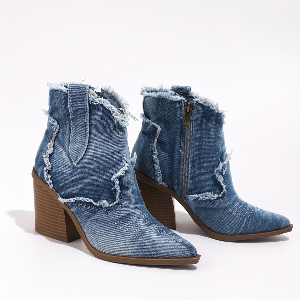 Chunky Heeled Women's Denim Cowboy Boots, Raw Trim Pointed Toe Side Zipper Retro Ankle Booties