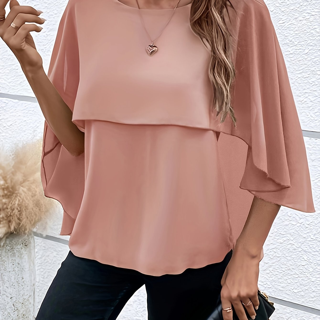 Solid Layered Cloak Sleeve Blouse, Versatile Crew Neck Blouse For Spring & Fall, Women's Clothing