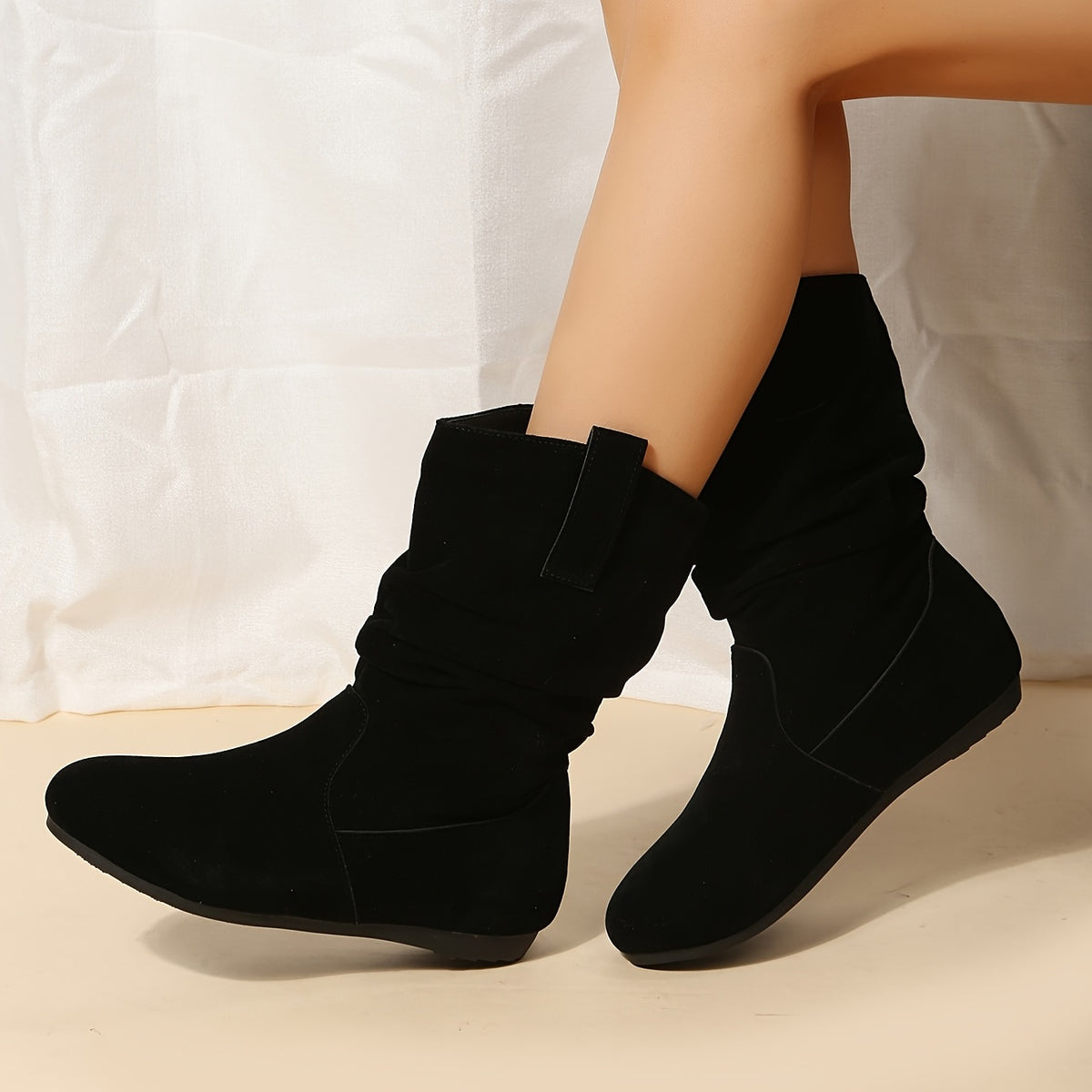 Women&#39;s Slouchy Mid Calf Boots, Comfy V-cut Pull On Plush Lined Warm Flat Shoes, Winter Thermal Boots