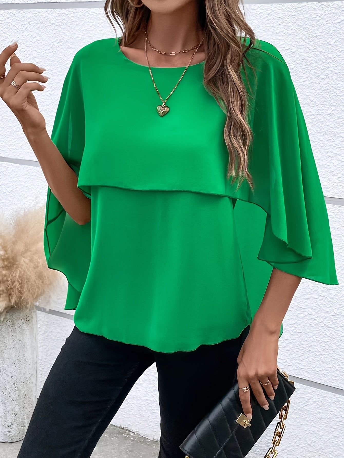 Solid Layered Cloak Sleeve Blouse, Versatile Crew Neck Blouse For Spring & Fall, Women's Clothing