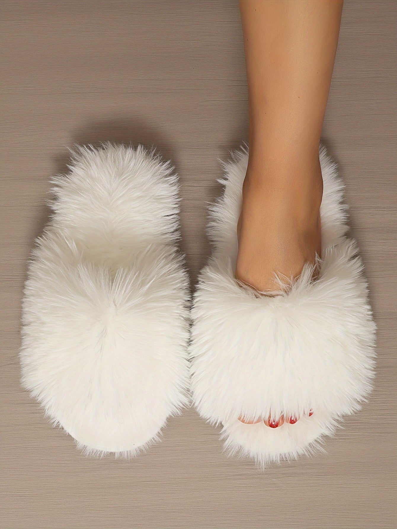 Women's Fluffy Furry Winter Slippers, Solid Color Open Toe Soft Flat Shoes, Cozy & Warm Home Floor Slippers