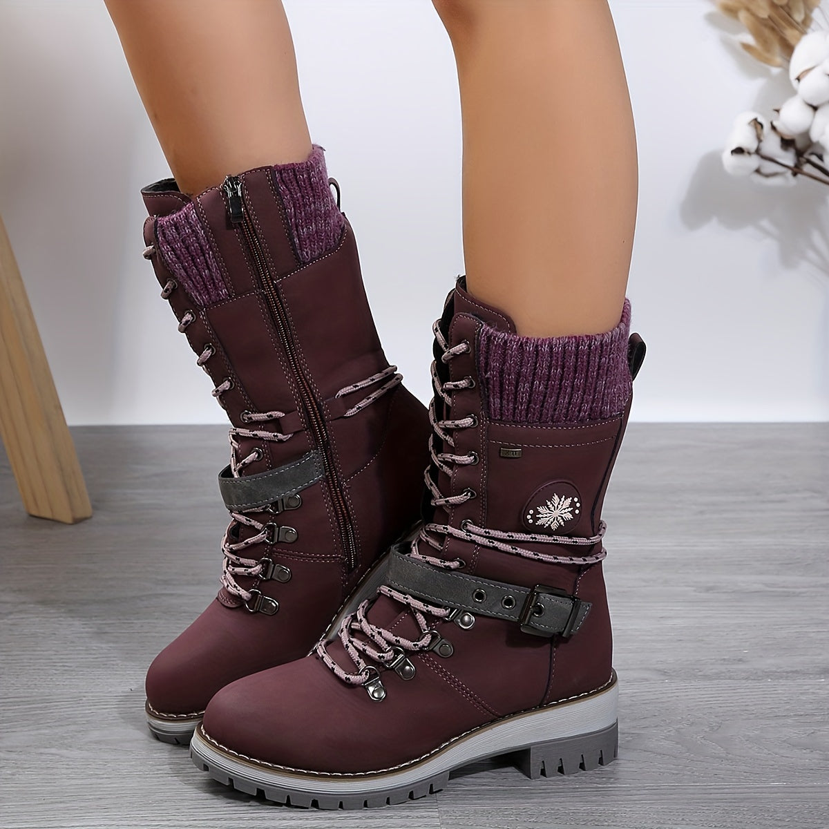 Stylish Knitted Mid-Calf Boots - Solid Color, Side Zipper, Buckle Belt, Non-Slip Sole, Perfect for Cold Weather & Casual Occasions