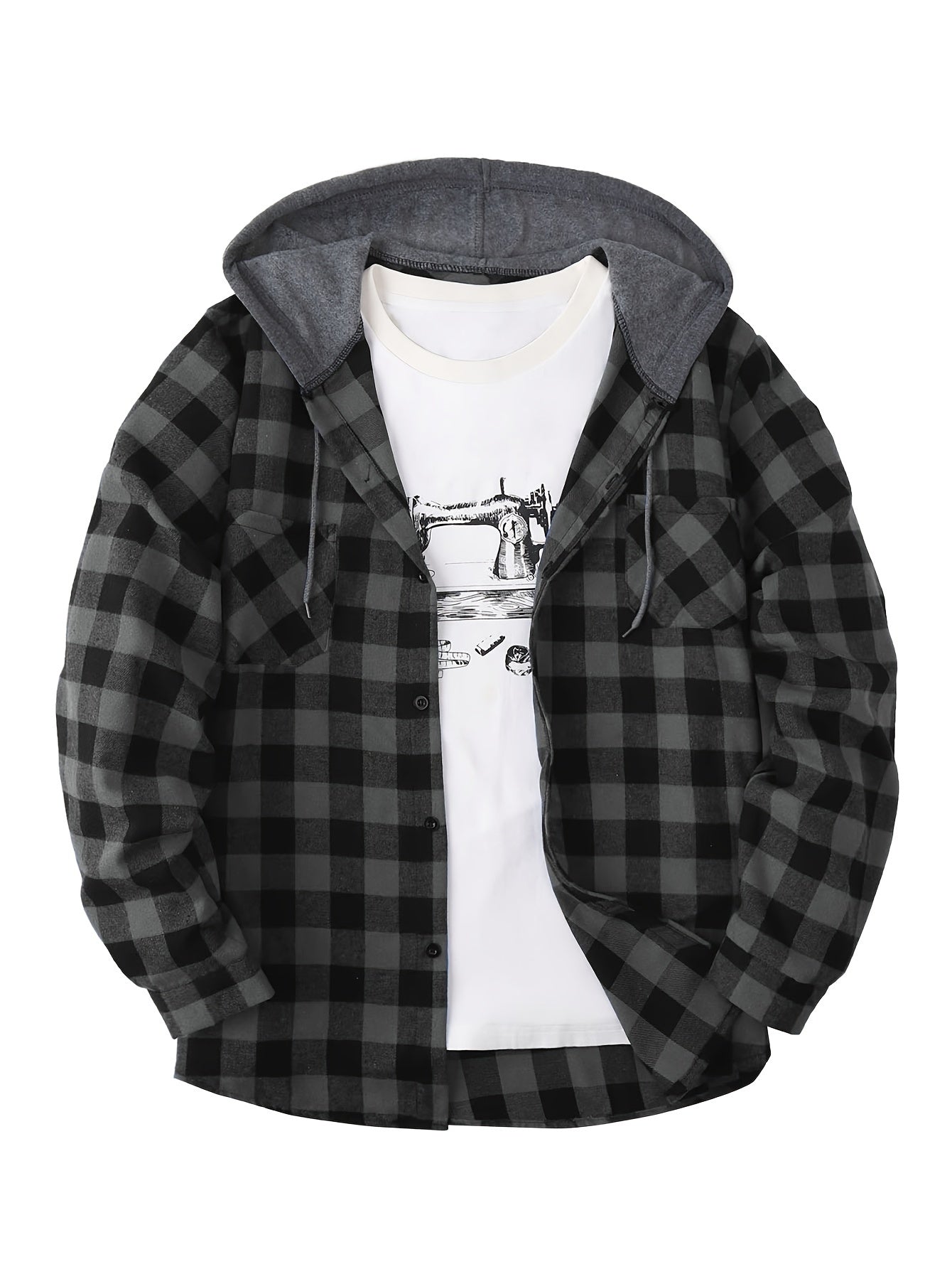 Long Sleeve Casual Regular Fit Button Up Hooded Shirts Jacket, Plaid Shirt Coat For Men