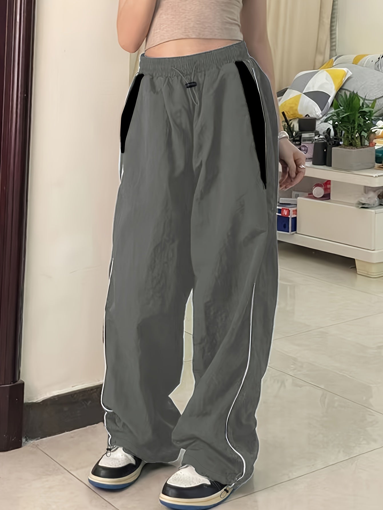 Color Block Cargo Pants, Y2K Drawstring Elastic Waist Wide Leg Pants, Women's Clothing