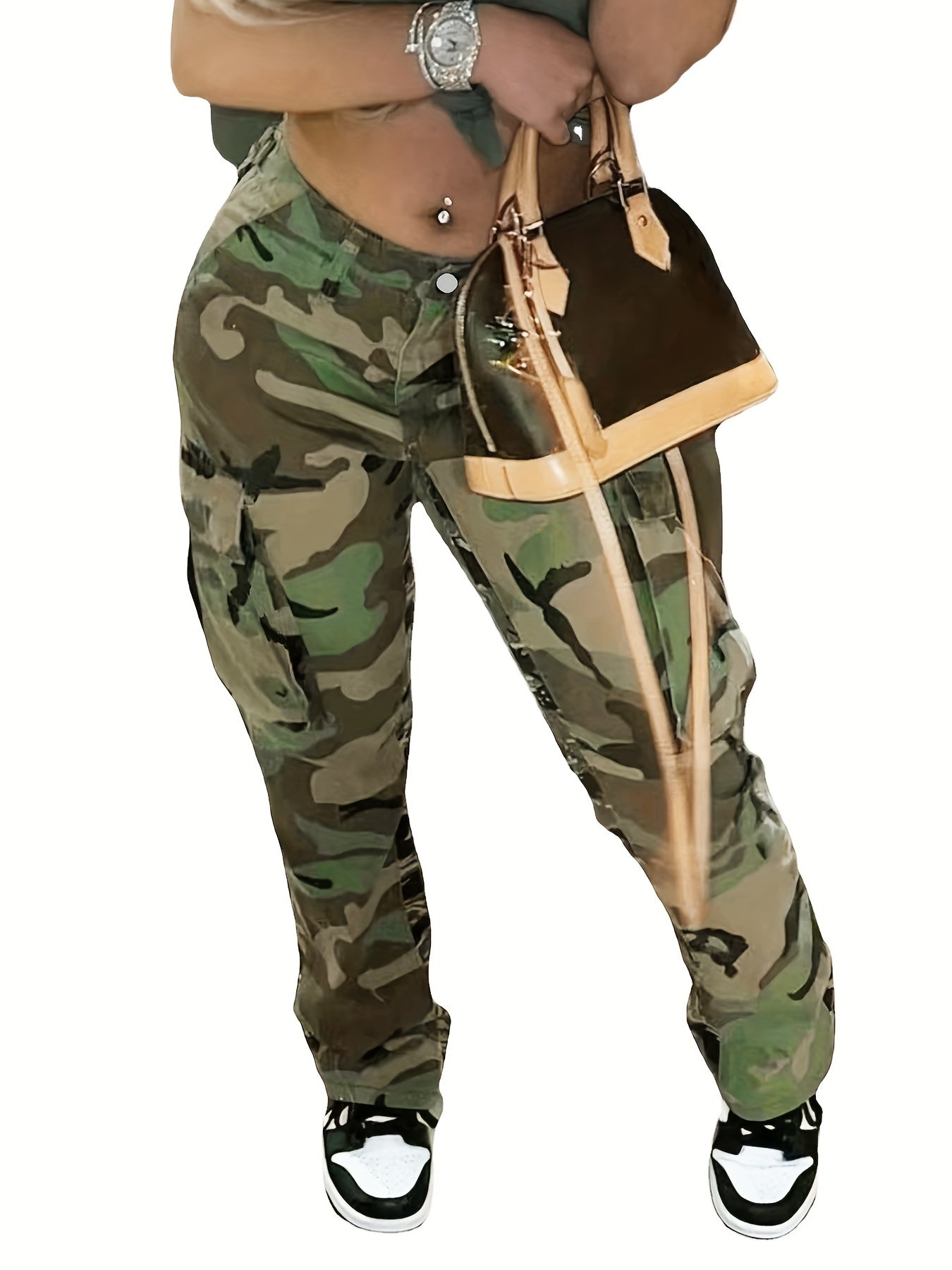 Plus Size Street Style Jeans, Women's Plus Camo Print Button Fly Medium Stretch Cargo Denim Pants With Flap Pockets