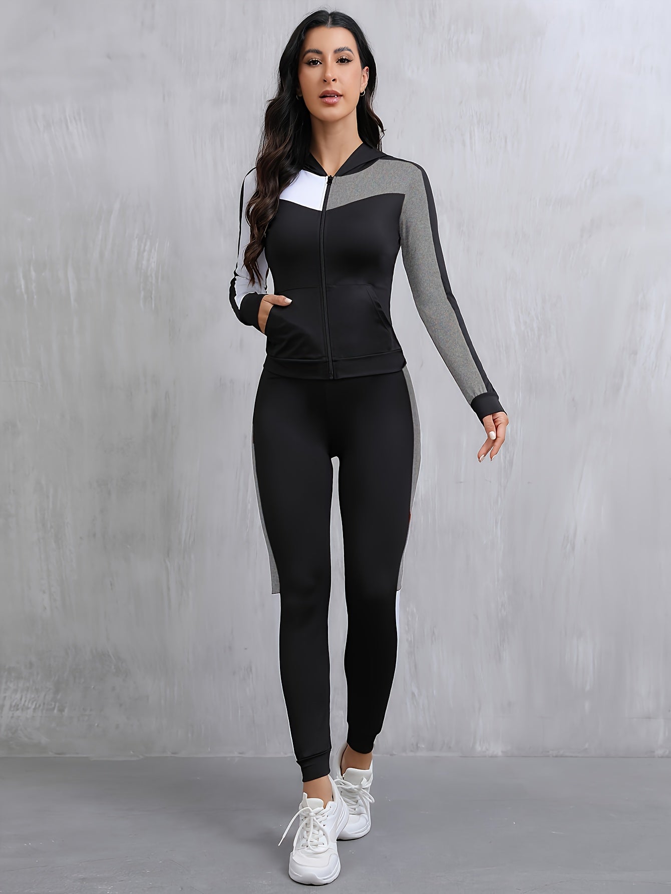 Women's Color Block Sports Tracksuit Set - 2pcs Polyester & Elastane Knit Fabric, Hooded Jacket with High Stretch, All-Season Patchwork Activewear