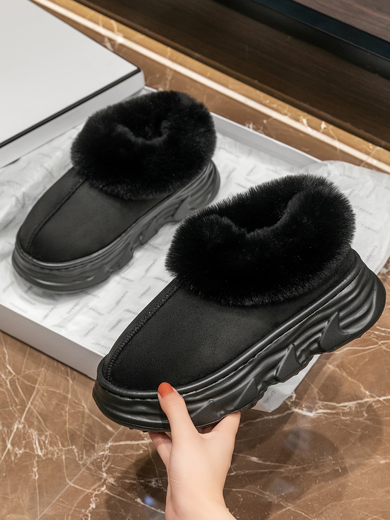 Women's Solid Color Fluffy Slippers - Soft Sole, Thick Bottom, Anti-Slip, Waterproof Winter Snow Boots