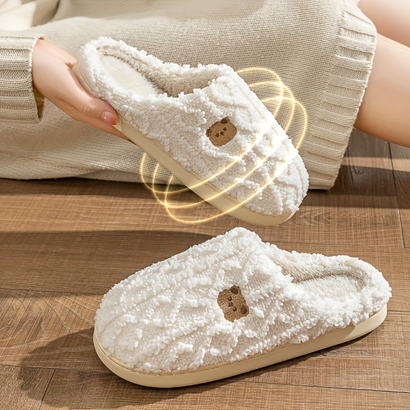 Cute Bear Pattern Plush Winter Slippers, Cozy & Warm Slip On Flat Fuzzy Shoes, Comfortable Home Bedroom Slippers