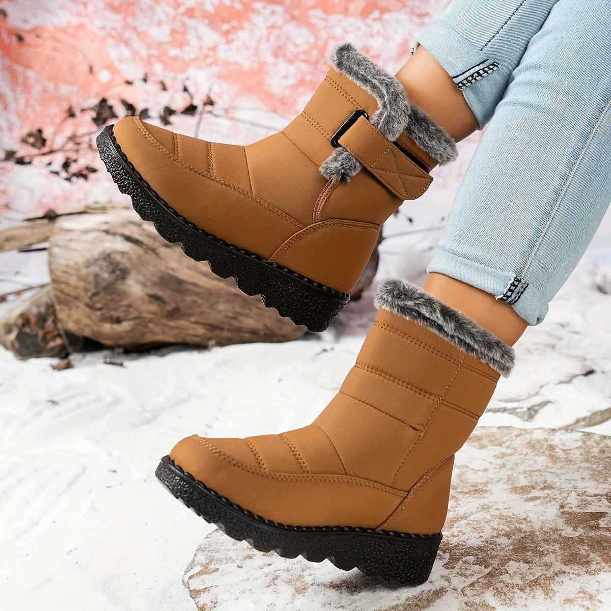 Velvettouch, Women's Winter Anti-Slip Snow Boots with Faux Fur Lining and Adjustable Straps - Casual Mid-Heel Fabric Ankle Booties