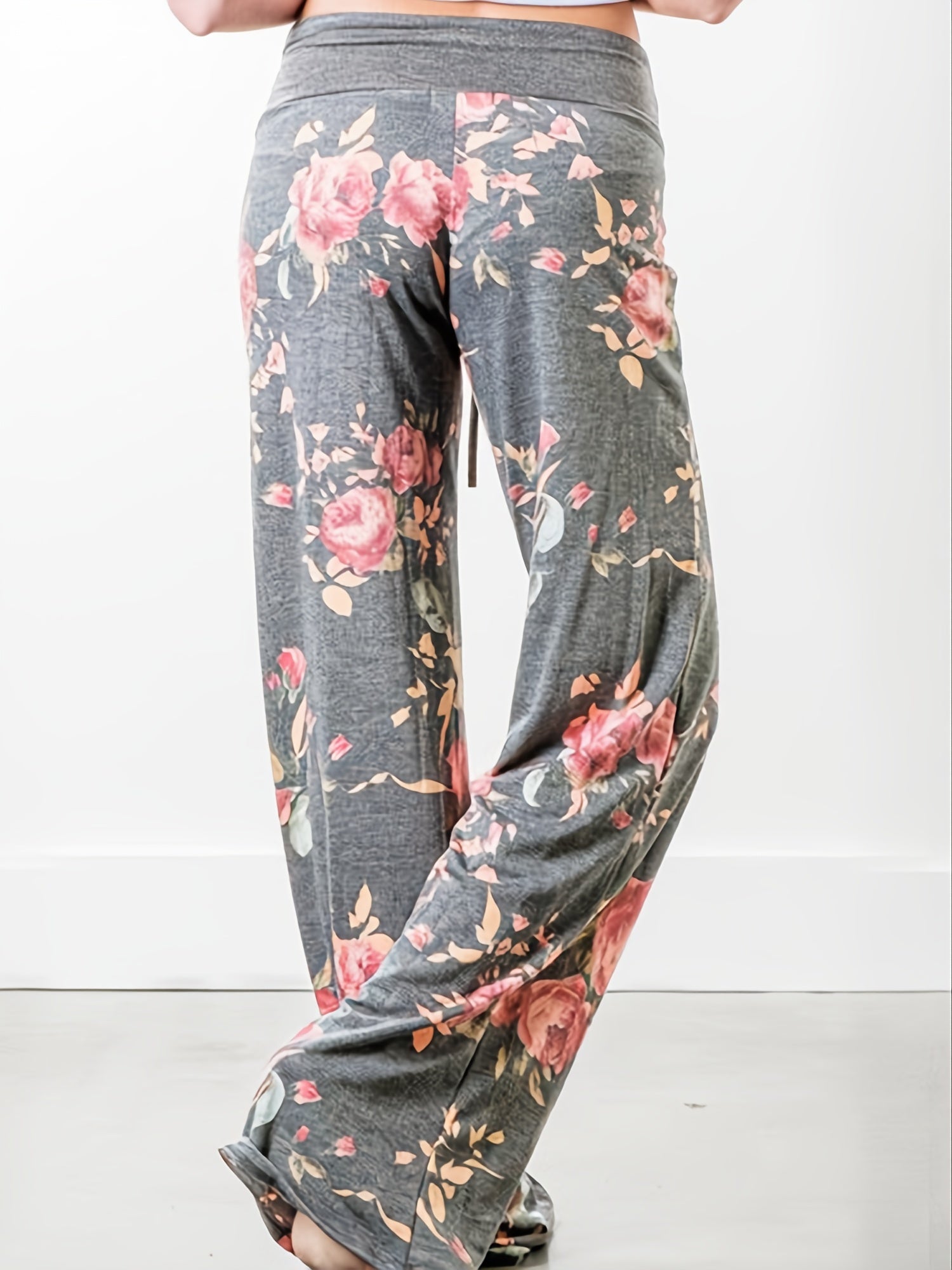 Plus Size Floral Print High Rise Drawstring Long Pants, Women's Plus Slight Stretch Loose Casual Pants