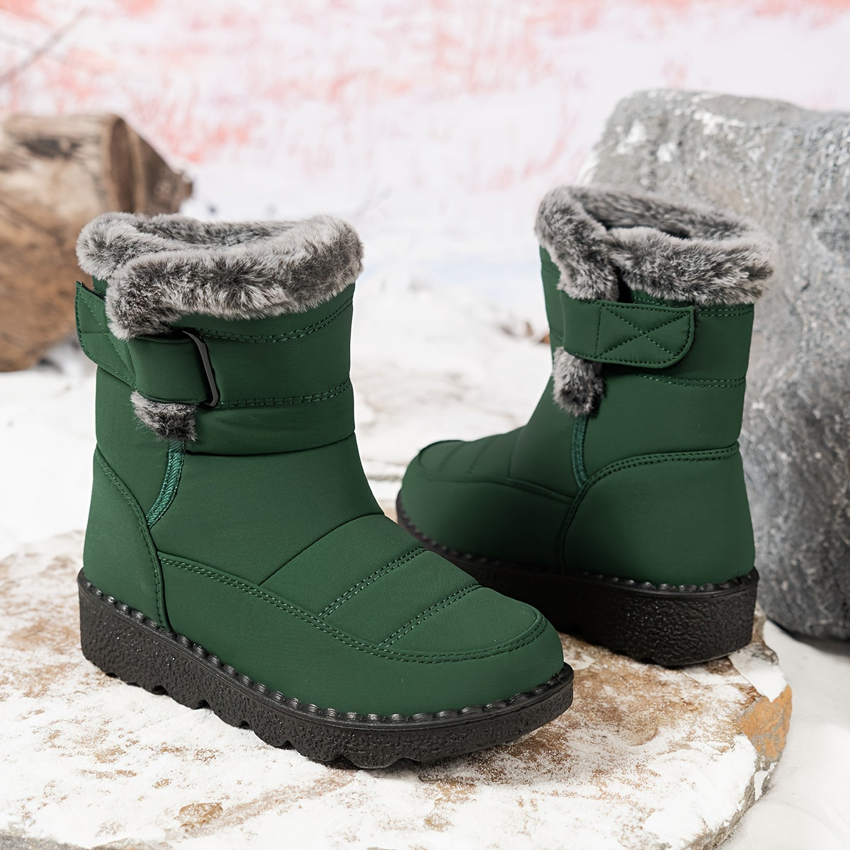 Velvettouch, Women's Winter Anti-Slip Snow Boots with Faux Fur Lining and Adjustable Straps - Casual Mid-Heel Fabric Ankle Booties