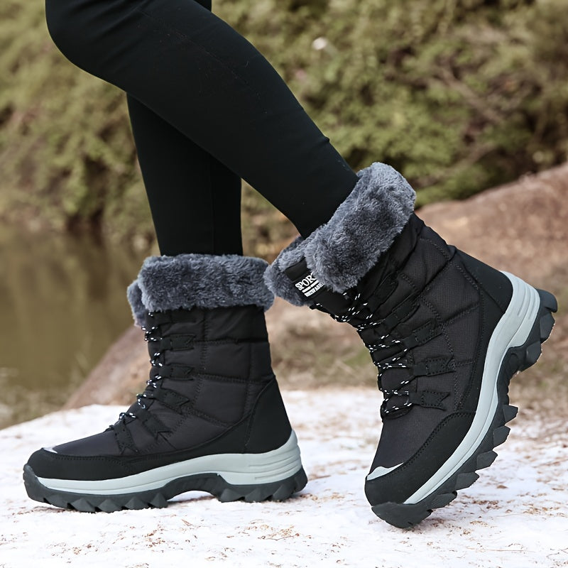 Warm Fleece Lined Women's Winter Mid Calf Boots, Anti-slip Outdoor Hiking Boots, Lace-up Snow Boots