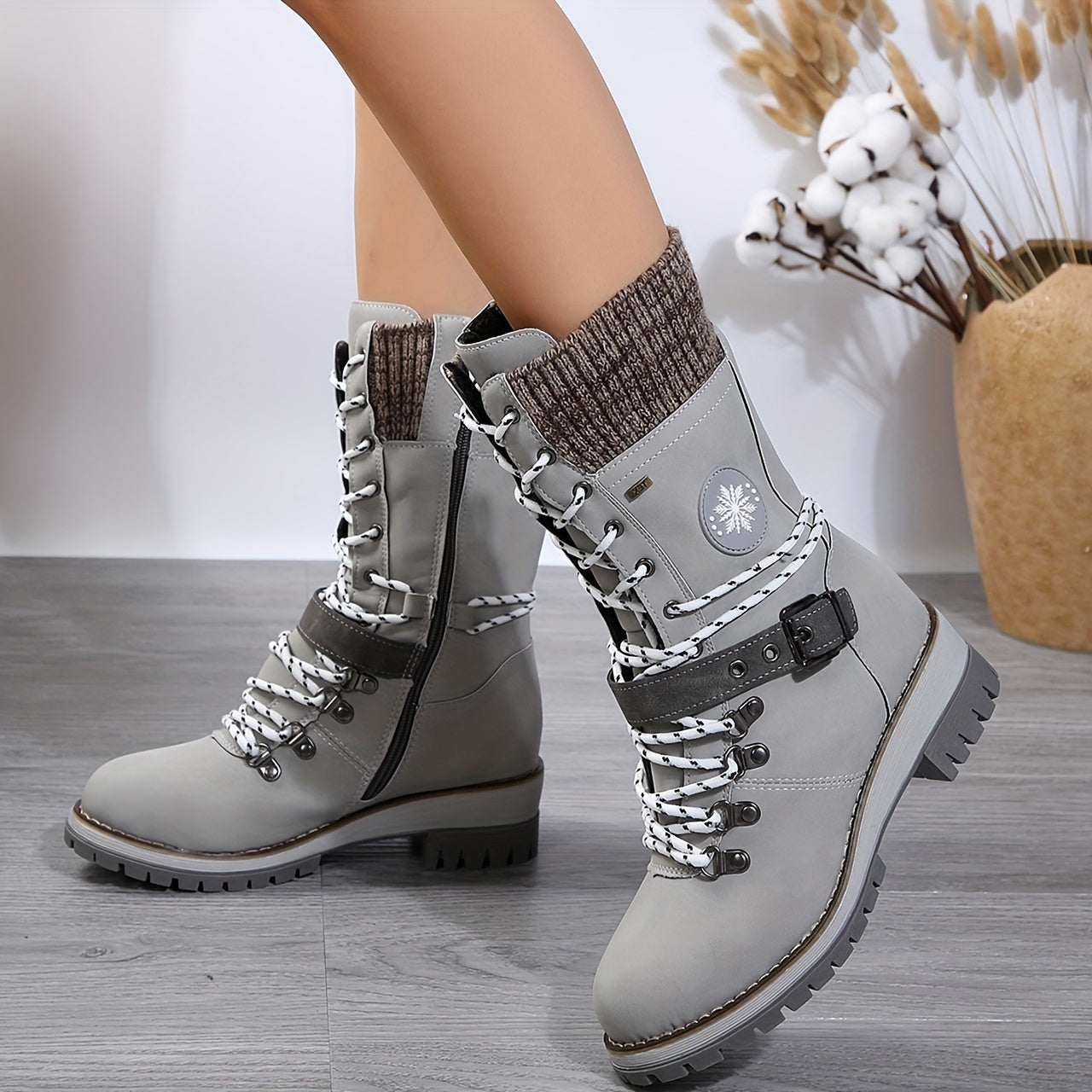 Stylish Knitted Mid-Calf Boots - Solid Color, Side Zipper, Buckle Belt, Non-Slip Sole, Perfect for Cold Weather & Casual Occasions