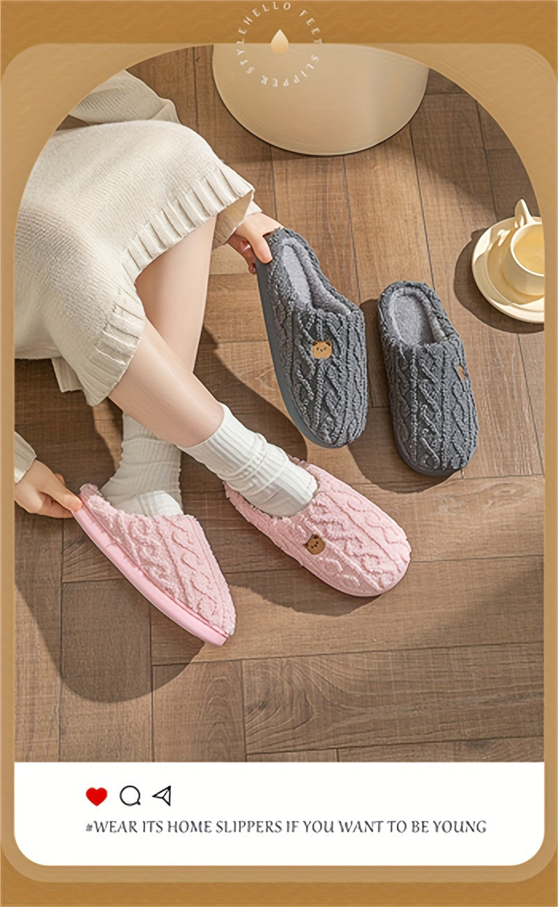 Solid Color Home Warm Slippers, Slip On Soft Sole Flat Non-slip Fuzzy Shoes, Winter Plush Cozy Slides Shoes