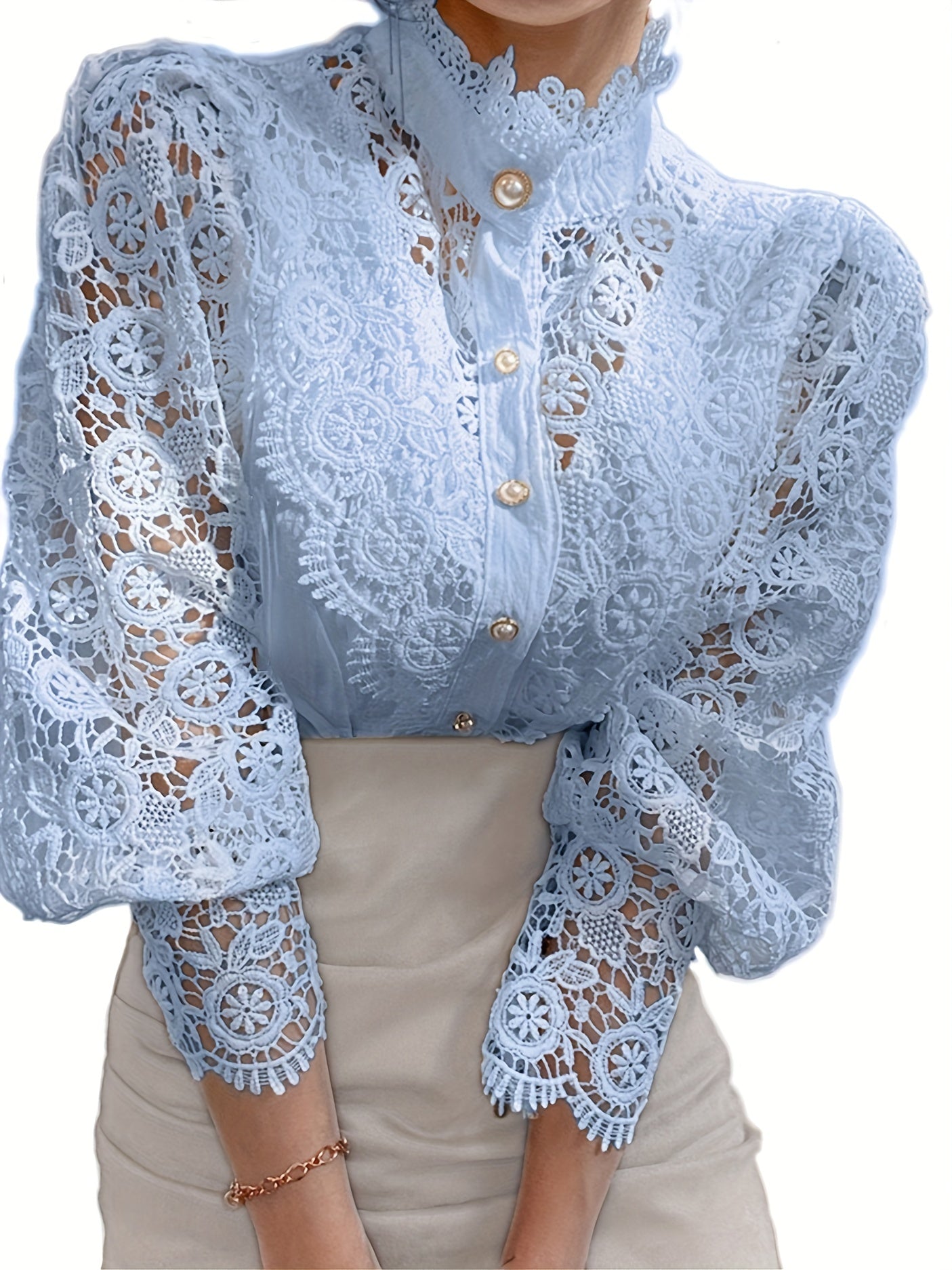 Women's Blouse Lace Puff Sleeve Lantern Sleeve Solid Pleated Women Blouse