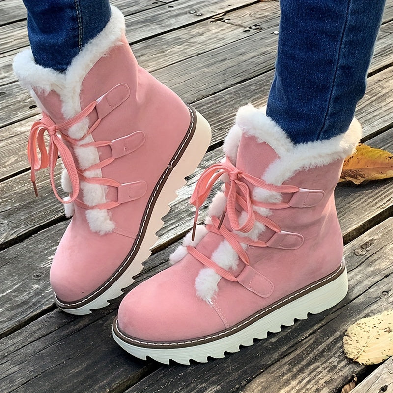 Plush Lined Women's Mid Calf Snow Boots, Solid Color Lace Up Outdoor Anti-Slip Winter Thermal Boots