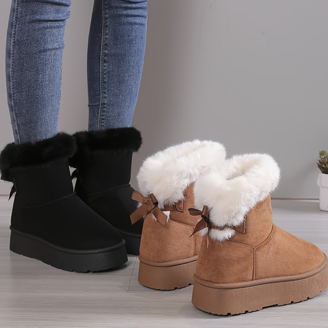 Cozy Fluffy Boots - Thermal Insulated, Non-Slip, Plush Soft, Bowknot Decorated, Platform Design, Winter Warmth, Comfortable Shoes for Women