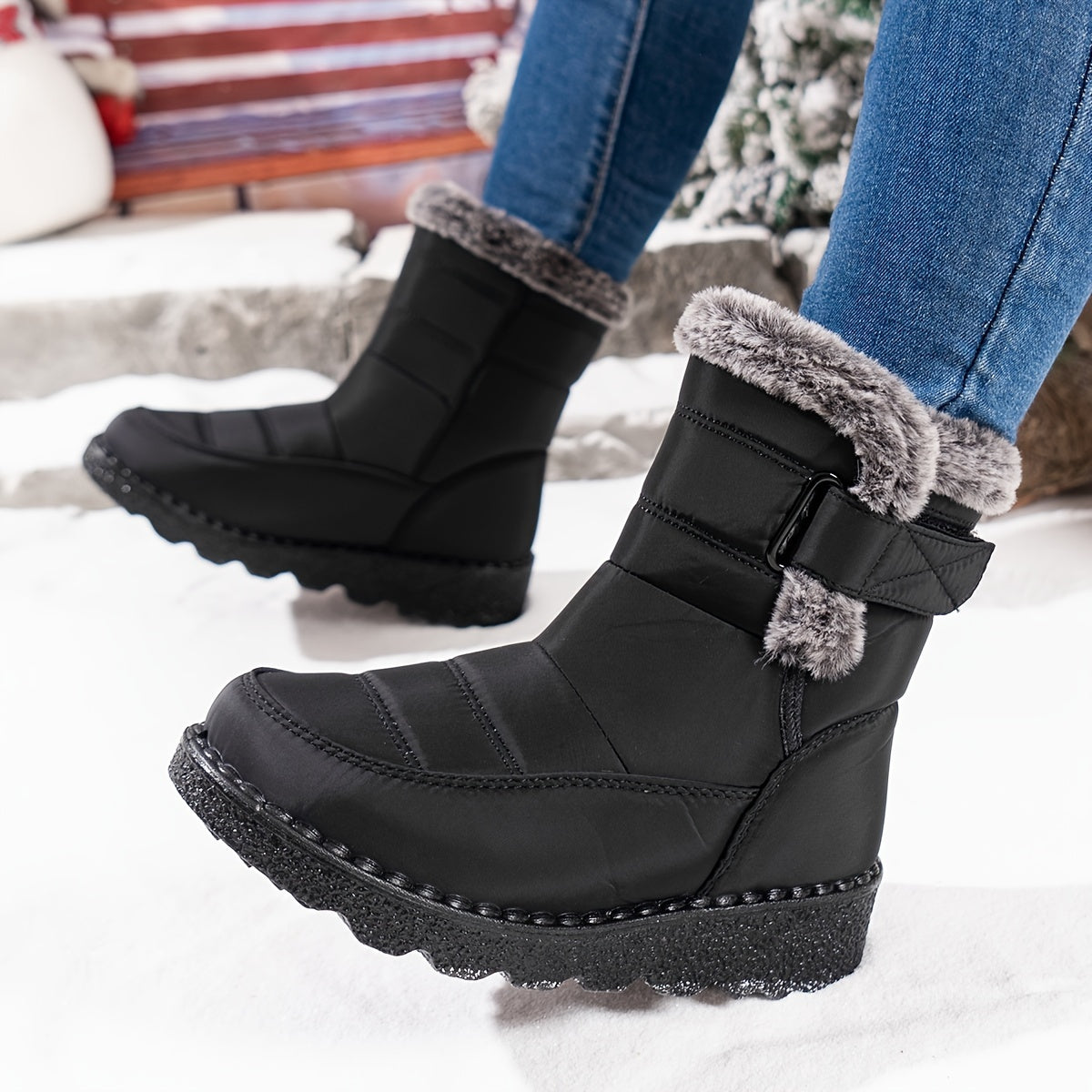 Velvettouch, Women's Winter Anti-Slip Snow Boots with Faux Fur Lining and Adjustable Straps - Casual Mid-Heel Fabric Ankle Booties