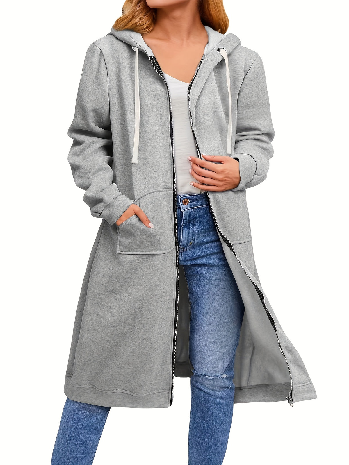 Plus Size Casual Sweatshirt, Women&#39;s Plus Solid Zipper Front Drawstring Long Sleeve Slight Stretch Hoodie Coat With Pockets