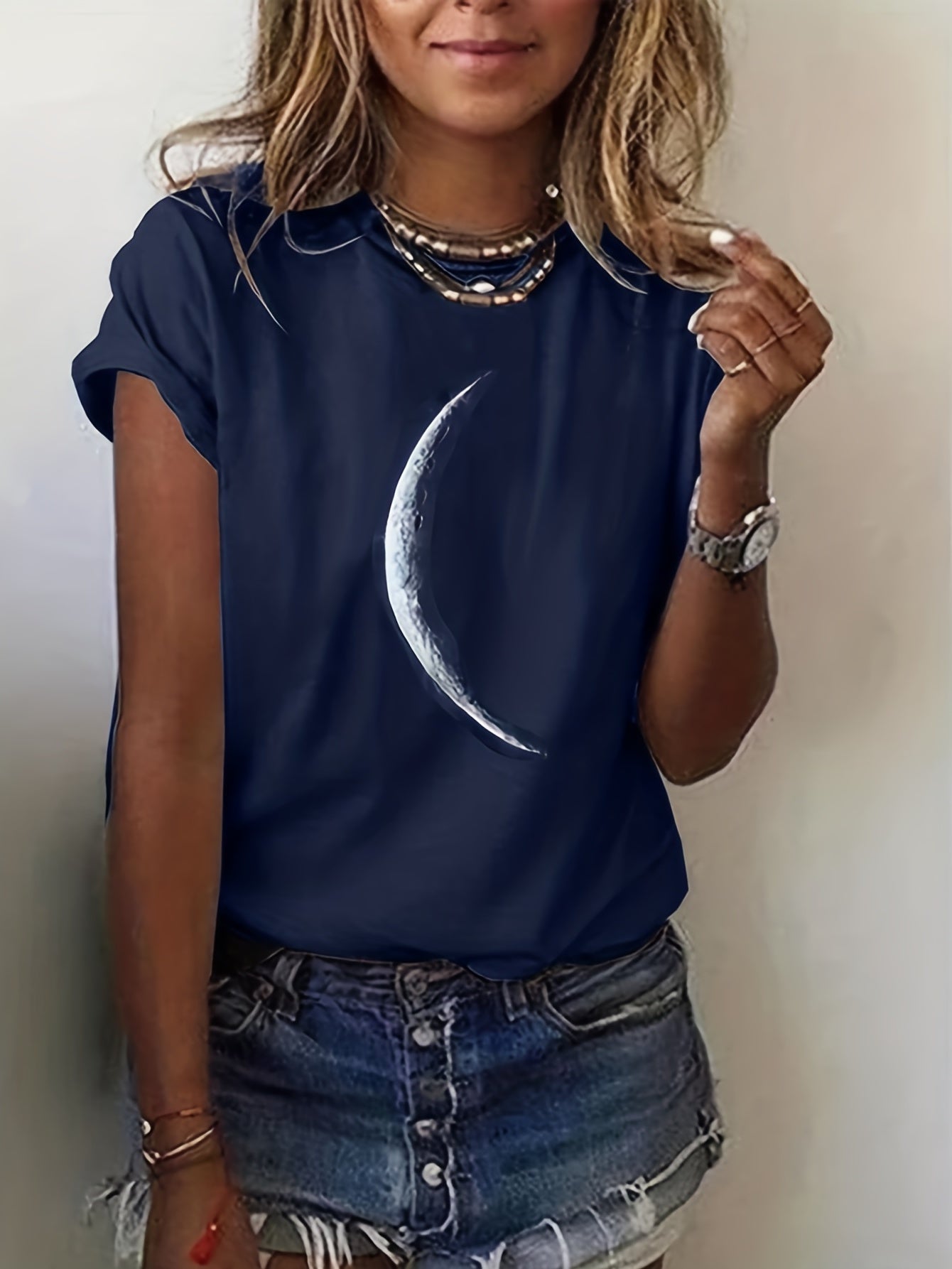 Moon Print Crew Neck T-Shirt, Casual Short Sleeve T-Shirt For Spring & Summer, Women's Clothing