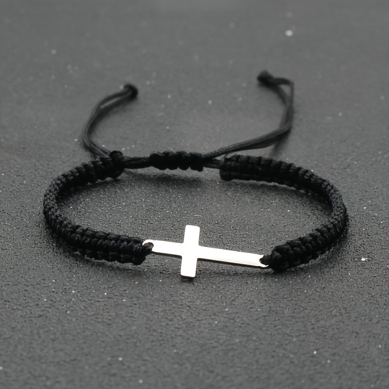 1pc Mens Hand Braided Stainless Steel Cross Patchwork Bracelet Anti-Allergy Acrylic Fibers Rope Bracelet