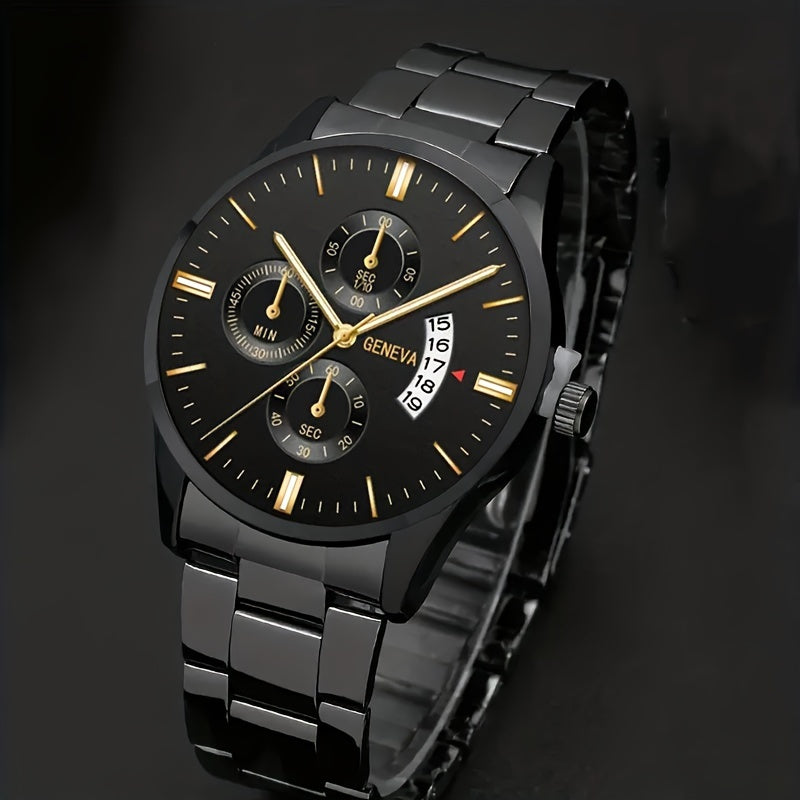 Elegant Men's Stainless Steel Quartz Watch with Calendar Feature & Matching Bracelet Set - Casual Style