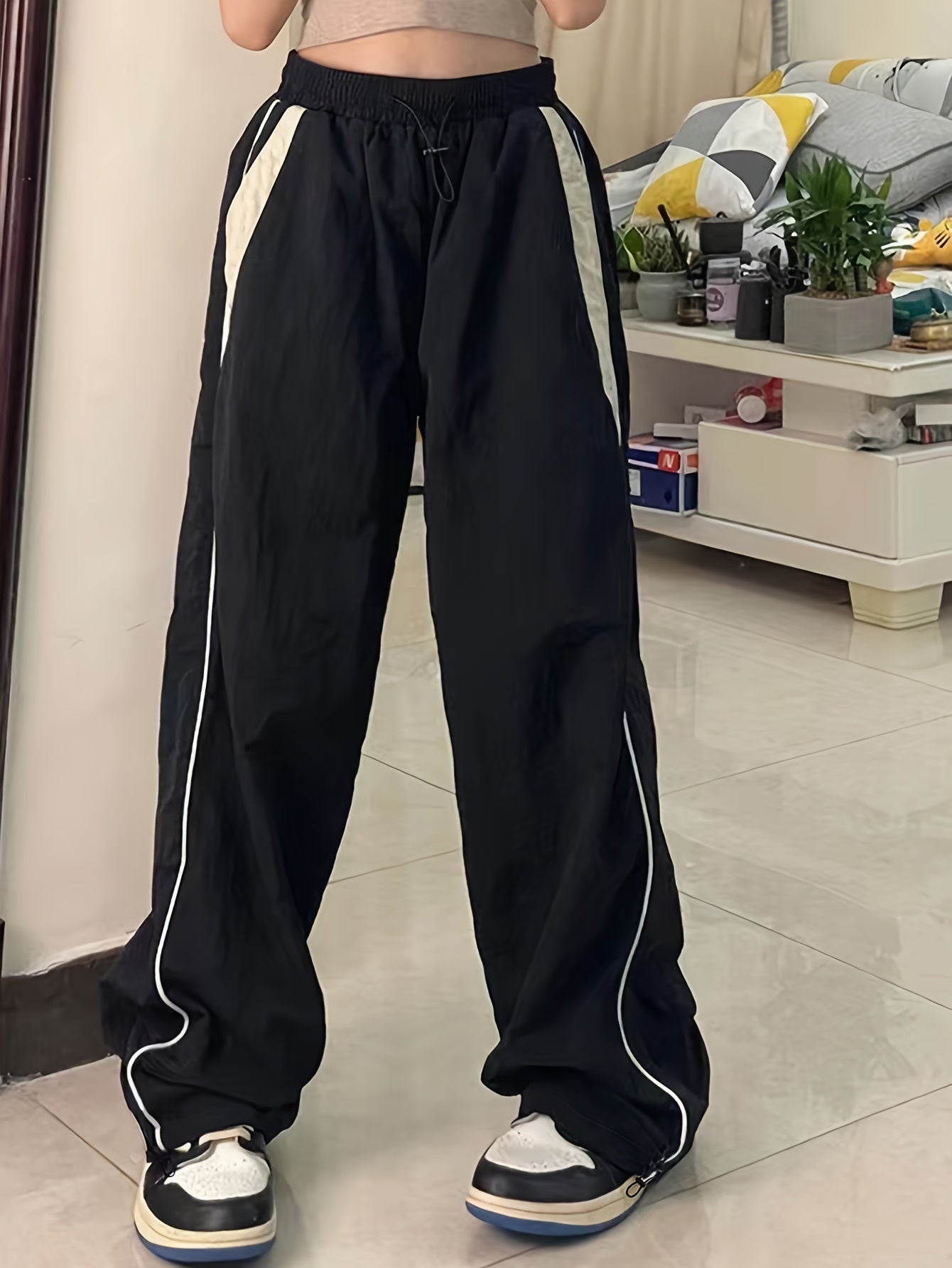 Color Block Cargo Pants, Y2K Drawstring Elastic Waist Wide Leg Pants, Women's Clothing