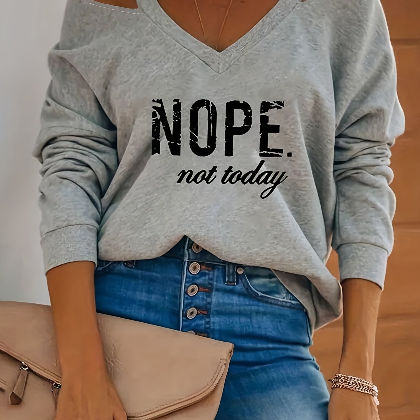 Letter Print Cold Shoulder Pullover Sweatshirt, Casual Long Sleeve V Neck Sweatshirt For Spring & Fall, Women's Clothing